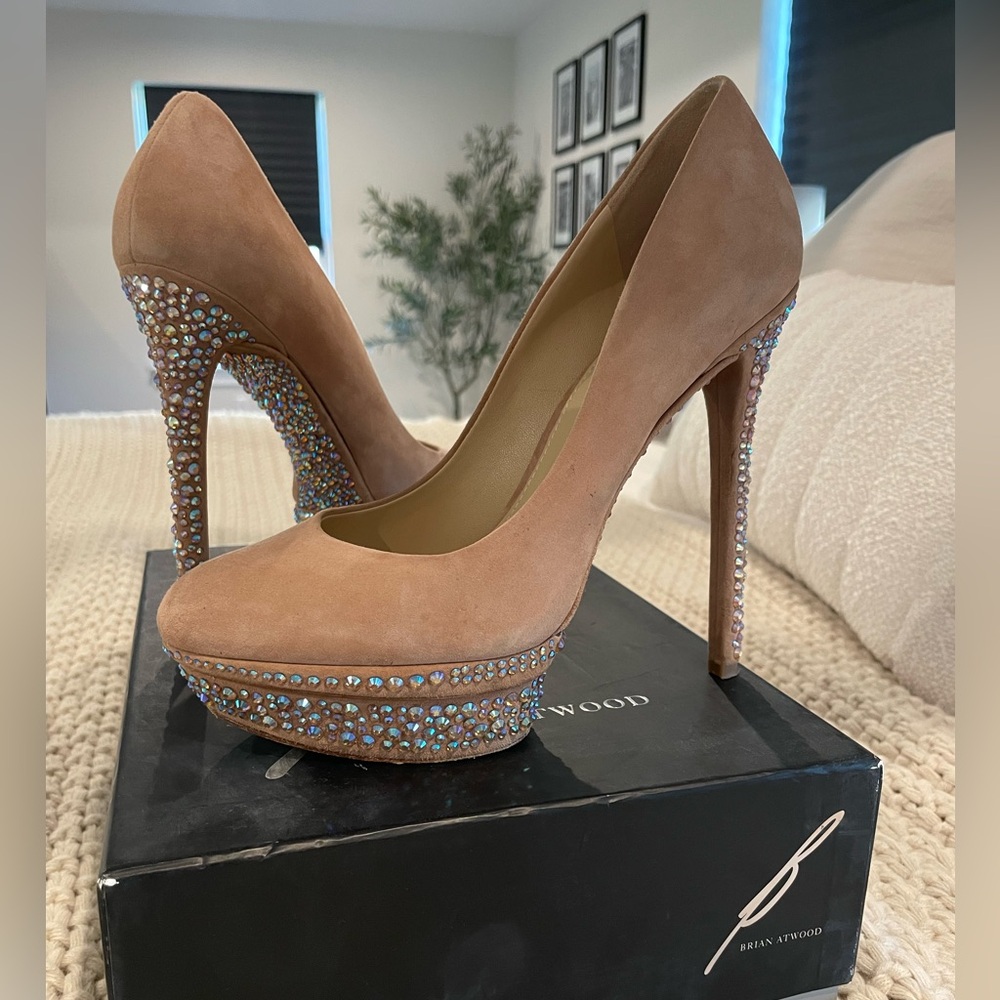 B Brian Atwood Tan Heels with Rhinestone Accents
